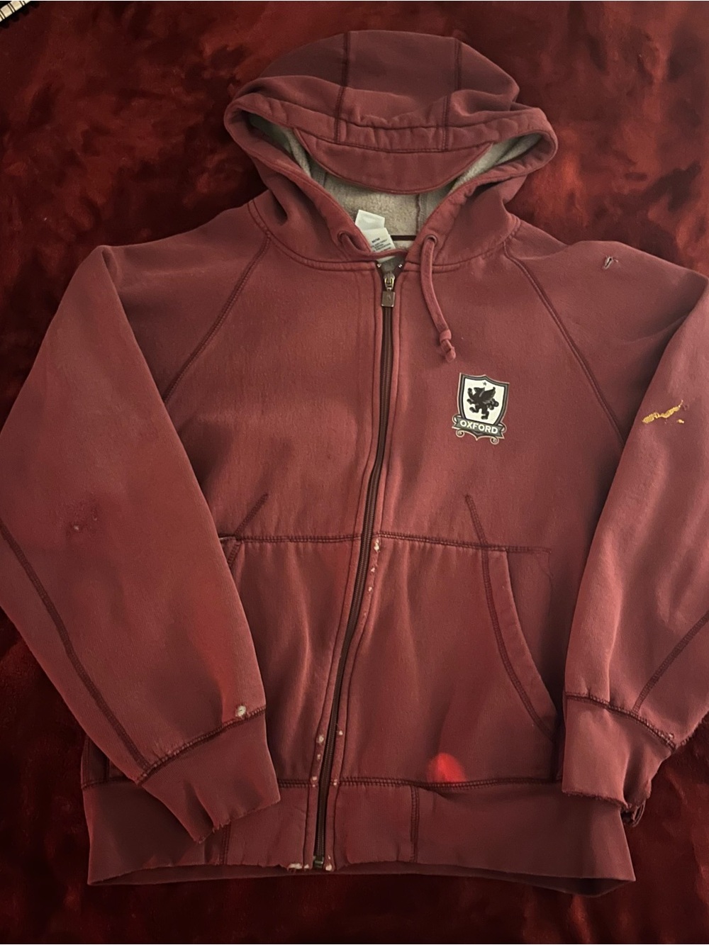 Distressed Heavyweight Oxford Maroon Full-Zip Hoodie with Crest